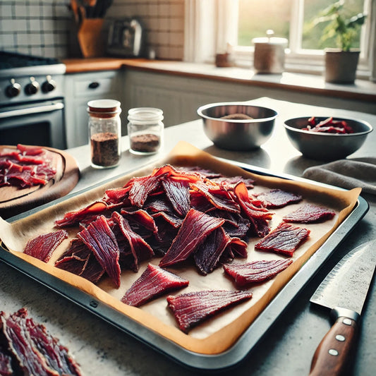 :鹿肉をスライスしてオーブンで乾燥させるために並べた手作りジャーキーの準備風景