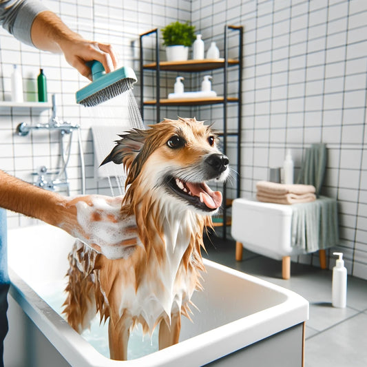 明るいバスルームでシャンプーされている犬。犬は濡れていて幸せそうに見え、浴槽に立って優しくシャンプーされている。背景にはバスルームのタイル、シャンプーボトル、タオルがあり、清潔で衛生的な雰囲気が漂っている。