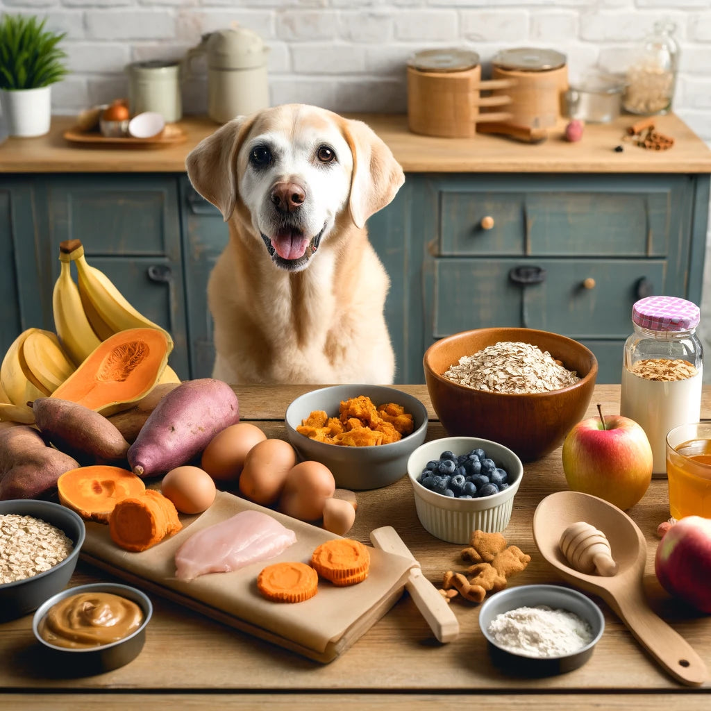 手作り犬のおやつを準備している台所のシーン。サツマイモ、鶏肉、バナナ、ピーナッツバター、オーツ、かぼちゃピューレ、ヨーグルト、ブルーベリー、リンゴ、シナモンなどの材料が整然と並んでいる。そばで嬉しそうな老犬が座っている。