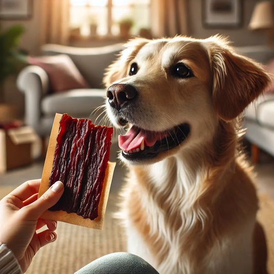 鹿肉ジャーキーを楽しんで食べている犬。居心地の良いリビングルームで、鹿肉ジャーキーを噛みしめている犬の姿。